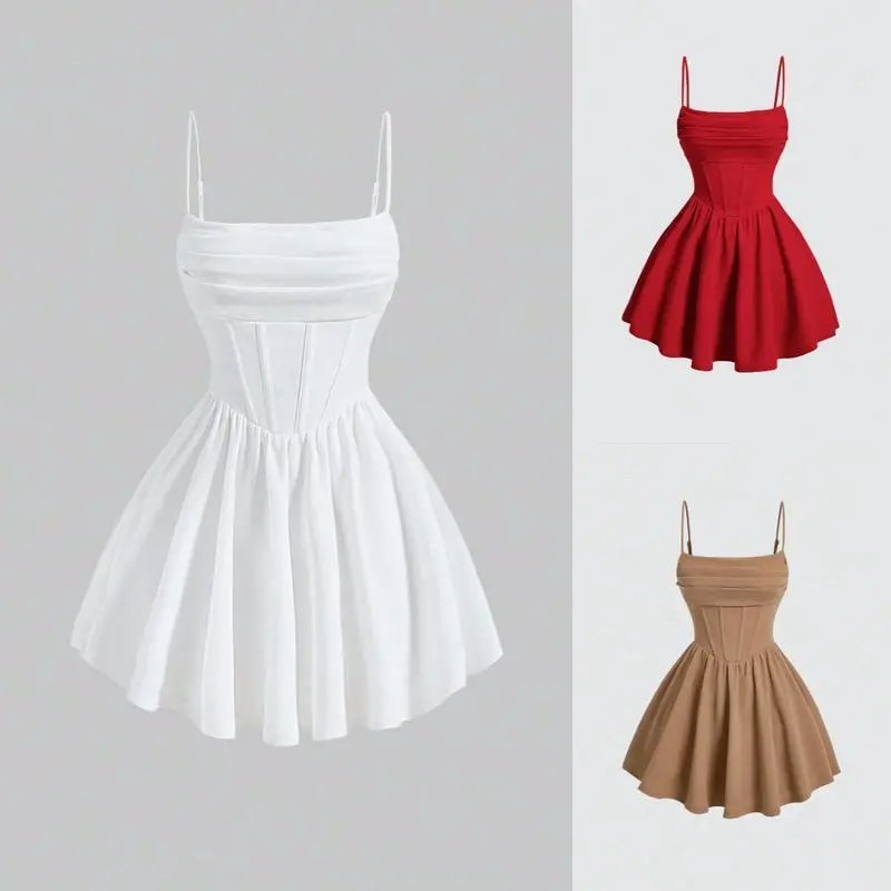 Fashion Dress Solid Color Ruched Back Zipper Strap Dress Casual Womenswear White Formal nadia  outfit