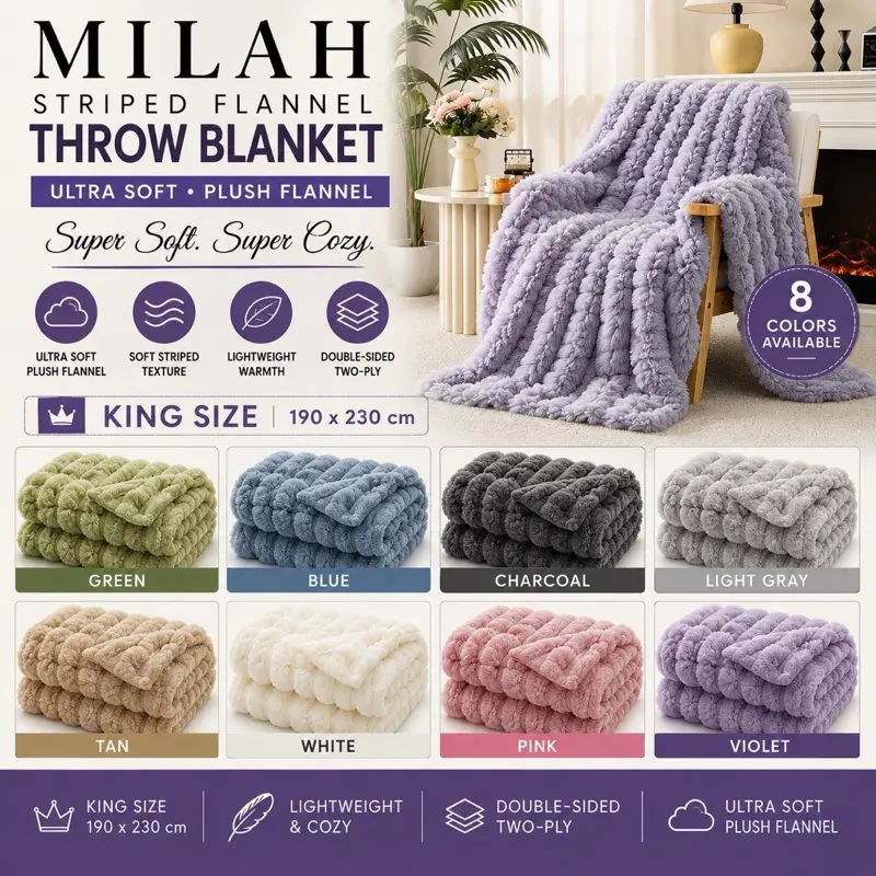 MILAH King Size Plush Flannel Blanket 75” x 91” Ultra Soft Double-Sided Cozy Bed Blanket