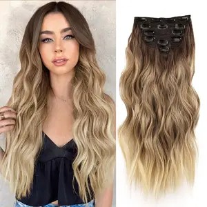 Clip in Hair Extensions for Women 20 Inch Long Wavy Curly Ombre Brown to Blonde Hairpieces Full  Synthetic Hair Hairpieces(6PCS,Ombre Brown to Blonde)
