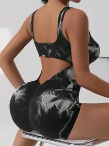 Women's Solid Striped Print Scoop Neck Racerback Tank Romper, Casual Comfy Breathable High Stretch Seamless Bodysuit for Daily Wear, Ladies Clothes for All Seasons, Tops