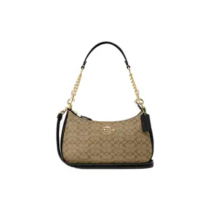 COACH Teri 24 Classic Monogram Zip Top Handle and Shoulder Bag for Women, Medium Size, Khaki and Black Canvas with Leather