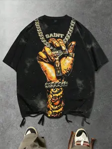 Broken hole Jesus cross short sleeved T-shirt for men loose fit, chain printed believer aesthetic shirt for both men and women, European and American street geometry men's short sleeved retro American style