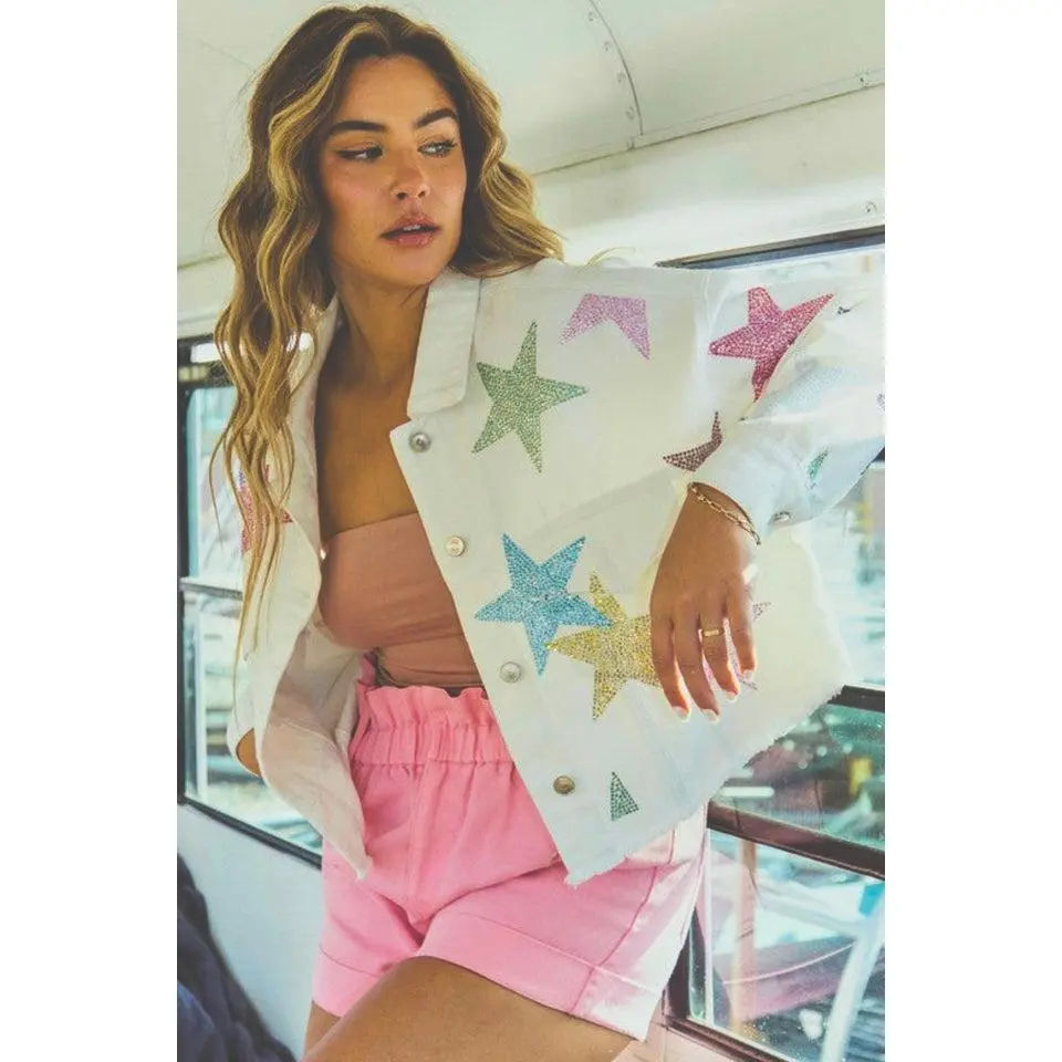 All The Stars Rhinestone Denim Jacket in White