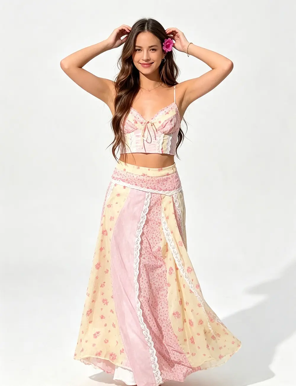 Women's 2-Piece Boho Maxi Set - Polyester Clothes with Spaghetti Straps Floral Print Cami Crop Top, Pleated Lace Trim Maxi Skirt, Machine Washable Summer Casual Vacation Outfits