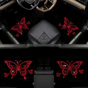 A set of four charming butterfly rhinestone car mats, made with sparkling rhinestones, suitable for front and rear seats, stylish interior decoration, perfect for all genders, and an elegant universal car accessory.