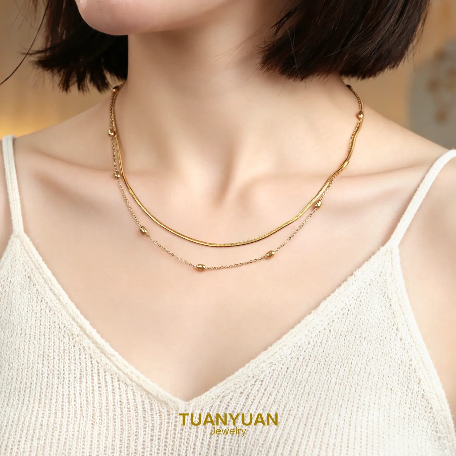 Layer Snake Chain Oval Bead Stacked Necklace 18K Gold Plated Stainless Steel Adjustable Double Chain Minimalist Layering Jewelry For Women