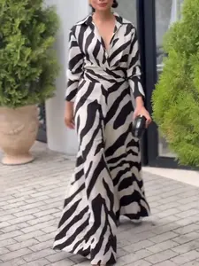 Long Sleeve Fitted Wide Leg Split Waist Slit Zebra Print Stripe Stand Collar Jumpsuit, Stylish Chic Women's Romper for Casual Wear, Comfortable, Elegance and Trendy, Womenswear