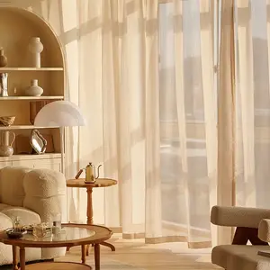 1pc French Cream Dreamy Sheer Curtain, Living Room Lazy Style, Lightweight Fabric, Fits French, Wood Styles, Cozy Atmosphere