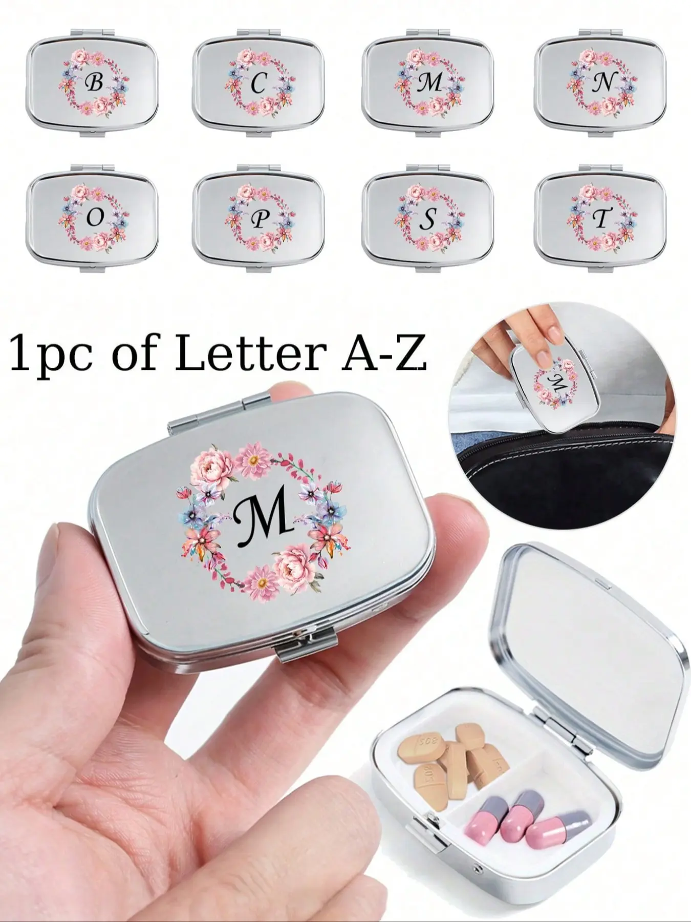 Flower Ring Letter Pattern Square Medicine Box, Portable Jewelry Storage, Customizable Name, Travel Gift, Unique Design