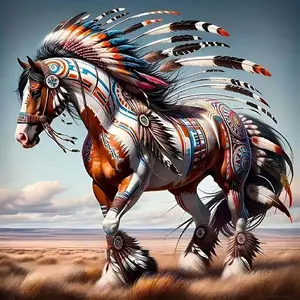 5D DIY Full Diamond Round Diamond Painting - Diamond Art Painting Kit with Colorful Horses, Indian Feathers, Free Prairie Mosaic, Canvas - DIY Decorative Painting, Home Wall Decor, Suitable for Halloween and Christmas, Birthday and Anniversary Gifts