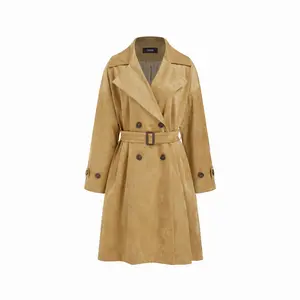Cider Suede Notched Collar Double Breasted Oversized Trench Coat With Belt