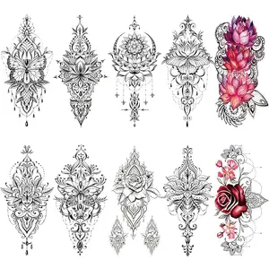 10 Sheet Sexy Lotus Flower Realistic Temporary Tattoos for Women Arm Thigh, Large Floral Indian Tribal Bohemia Butterfly Fake Tattoo Sticker Adult Girl, Mandala Temp Tatoo Leg Breast Chest Body Art