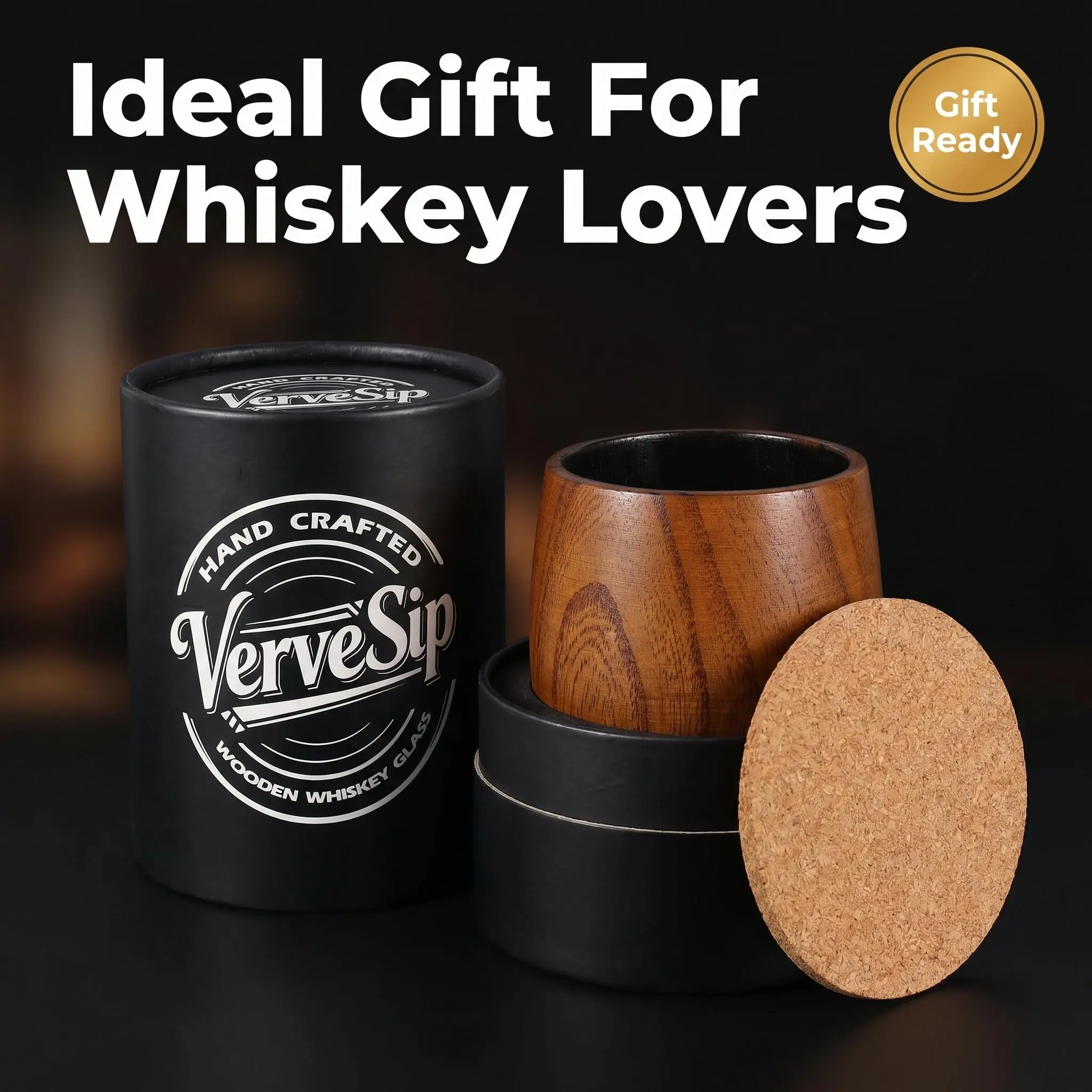 【VerveSip】Wooden Whiskey & Bourbon Drinking Glass Tumbler Cup, Charred or Uncharred Old Fashioned Glass, Perfect Gift for Men, Traditional Drinkware, Perfect Father's Day Gift, Gift for Dad, Father's Day