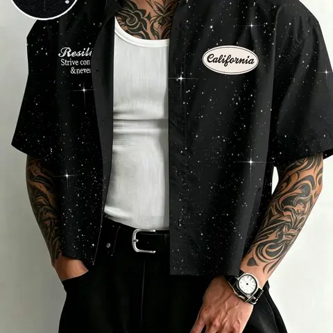 Men's Summer Loose Short Sleeve Graphic Button Down Shirt, Letter Print Casual Summer Streetwear Top for Daily Commute, Dates and Light Business, Summer Shirts