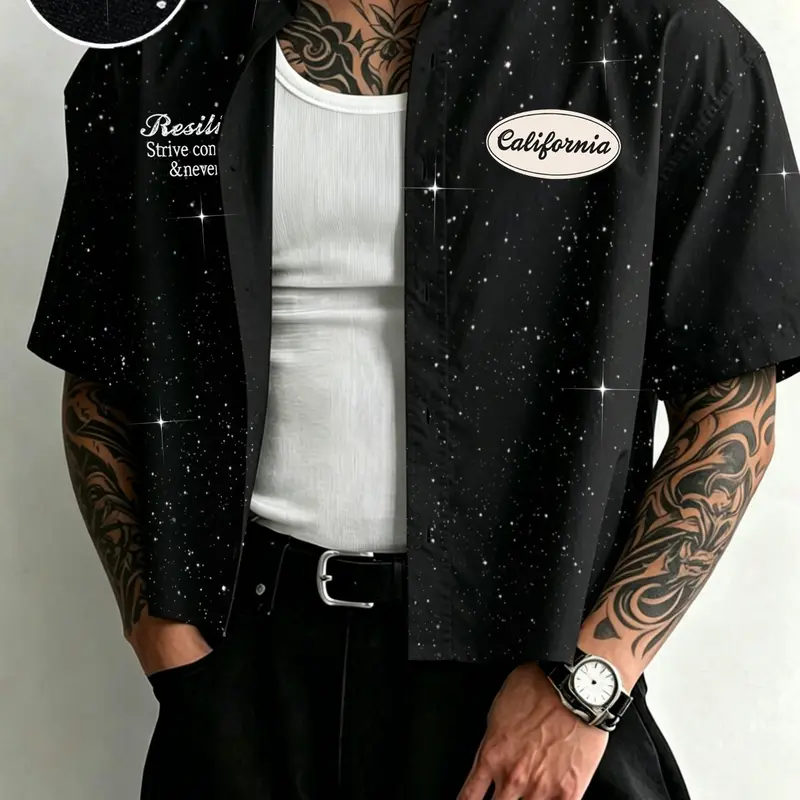 Men's Summer Loose Short Sleeve Graphic Button Down Shirt, Letter Print Casual Summer Streetwear Top for Daily Commute, Dates and Light Business, Summer Shirts