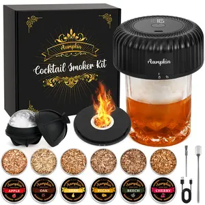 Electric Cocktail Whiskey Smoker Kit | LED Light & Built-in Lighter, Rechargeable No Butane, 6 Wood Chips, Bourbon Gift for Men Dad Husband, Black