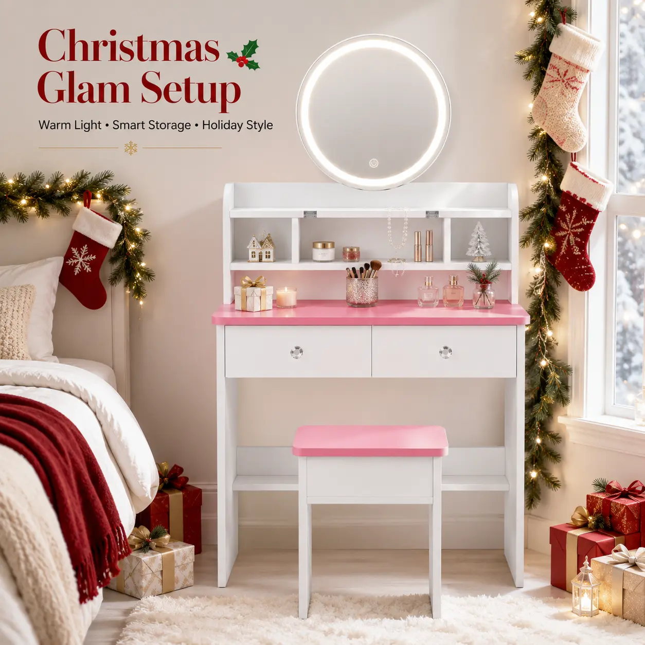 Compact Vanity Table Set with USB Powered LED Round Mirror, Pink White Makeup Dressing Desk with Drawers Storage Shelf & Storage Stool for Girls Bedroom