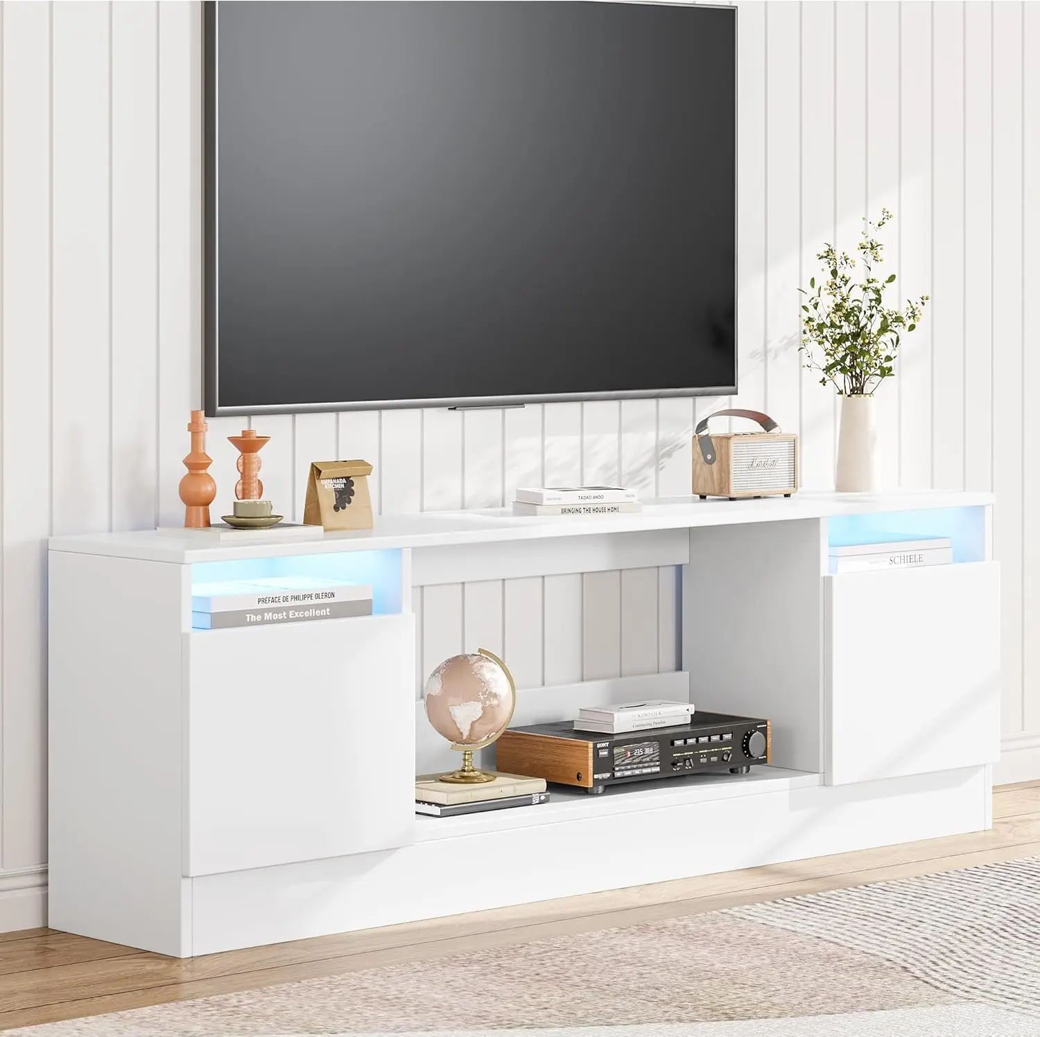 Modern TV Stand for TV Up to 75" TV, 70 ''White Television Console Table Cabinets with Storage,Wooden Entertainment Center for Living Room, Fits Into 36'' Electric Fireplace(Fireplace Not Included)