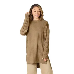 Basic Bae Full Size Ribbed Round Neck Long Sleeve Slit Top