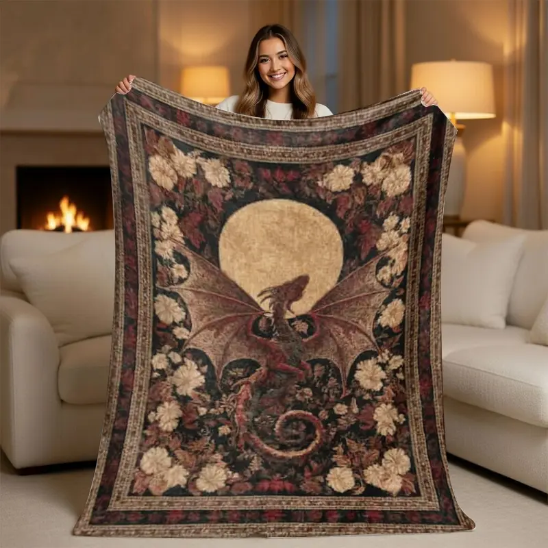 Vintage Dragon Tapestry Blanket - Medieval Red Dragon & Moon Fleece Throw, Ultra Soft Plush, Book-Themed, Decorative Cover, Layered Decorative, Fantasy Character, Ideal Gift for Book Lovers, Book-Themed Blankets, Decorative Cover Blankets