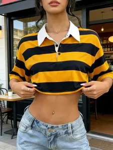 Vintage Color Block Striped Cropped Collared Polo Shirt, American Street Style with High Waist Loose Fit, Slimming Five-Point Sleeve Design