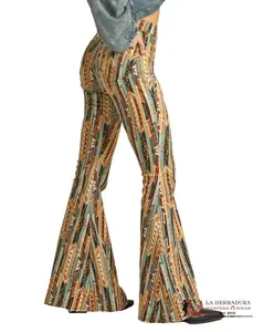 Women's Rock-and-Roll Aztec Print Bell-Button Brown Jeans, RRWD7PR0FD