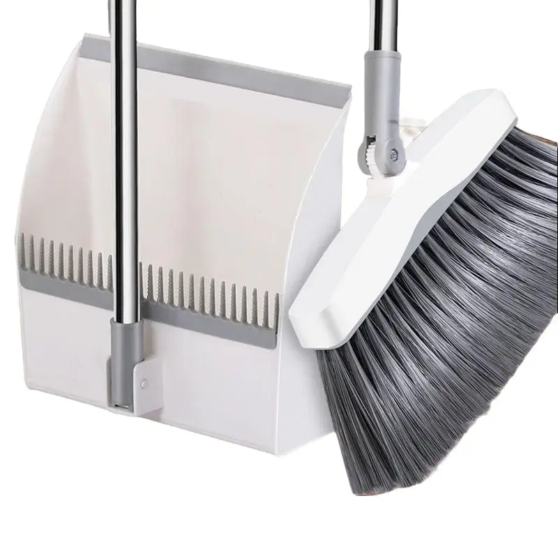 White Broom and Dustpan Set, Upright Angle Design with Built-in Comb Teeth for Kitchen, Office, Pet Hair, Hard Floors broom home cleaning essential dustpan floor squeegee petra ke maker groovy cover handmade handcrafted magic house bathroom touch wet dry