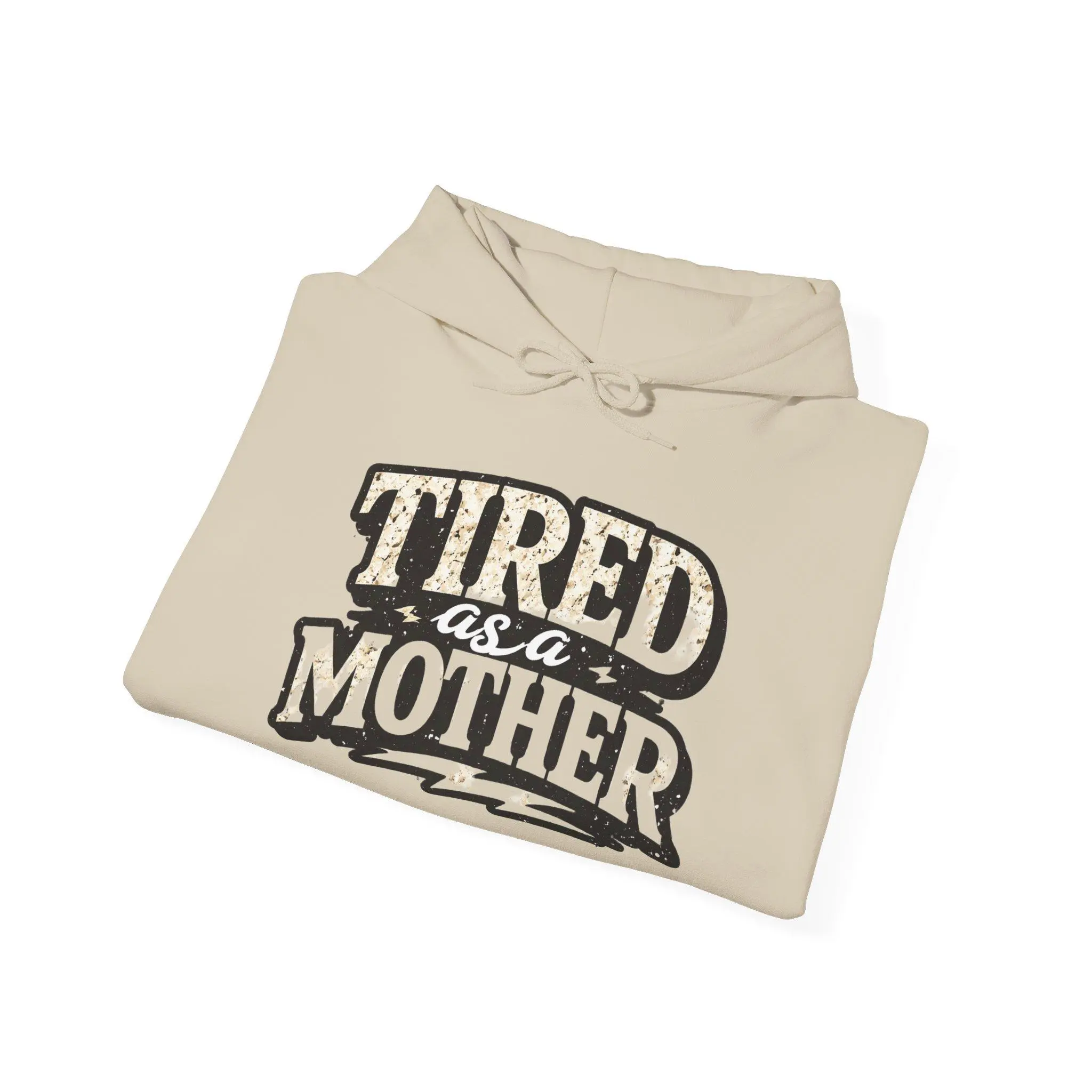 Men's Hooded Sweatshirt with "Tired As A Mother" Embroidery, Soft Cotton-Blend Pullover with Kangaroo Pocket, Menswear, Decoration, Layer, Tumble Dry, Regular, Low Iron, Double-Lined, Simple Text