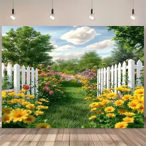 Polyester Spring-Themed Flower Banner, 1pc 70.8x90.5in Floral Print with White Fence, Reusable Backdrop for Birthday Party, Outdoor Home Decor Supplies