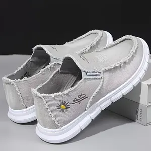Women's Distressed Canvas Slip-On Loafers, Daisy Embroidered Breathable Casual Walking Shoes