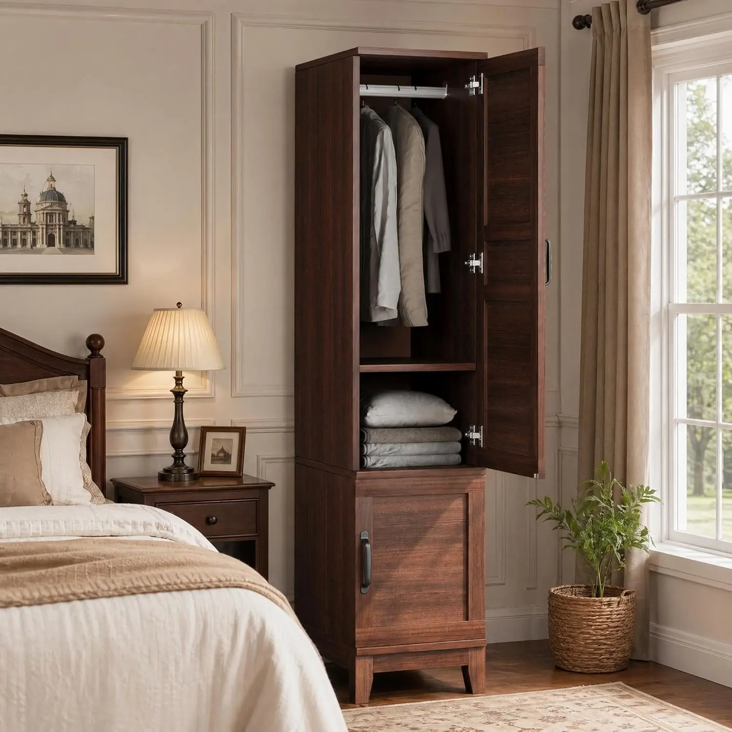 Space-Saving Wooden Armoire Wardrobe Closet, 2 Doors, 72" Tall, Hanging Rod, Adjustable Shelves, Narrow Bedroom Clothes Storage Cabinet