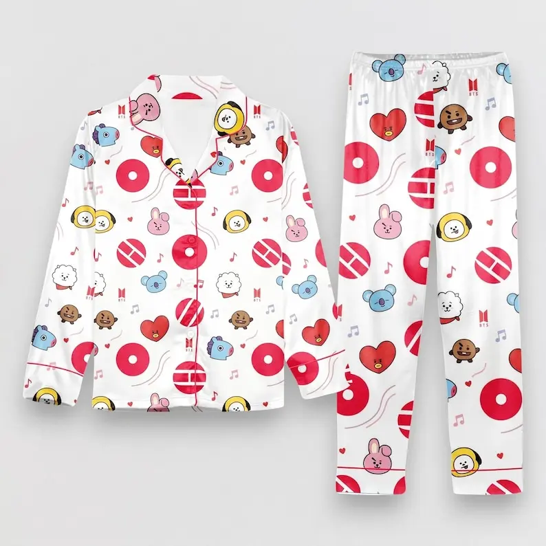 Arirang Pajama Set, Bangtan Cartoon Sleepwear, Kpop Long Sleeve & Shorts, Army Loungewear, Cute Nightwear Fan Merch