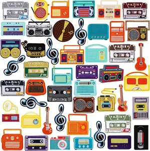 48 Pcs Music Style Patches Stickers Music Theme Iron on Patches Tape Radio Guitar Headphone Note Embroidery Vintage Patches Sew on Applique Patches for Clothes Hats Backpack Clothes DIY Accessory