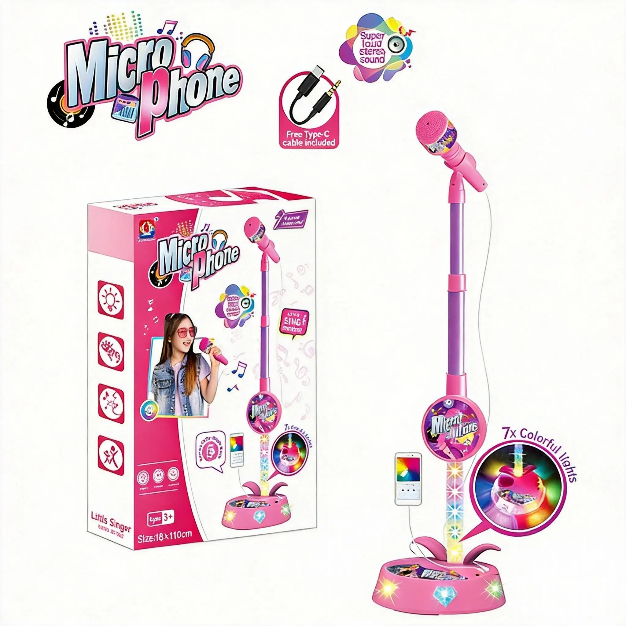 Kid's Kpop Karaoke Microphone Toy with LED Lights Portable music toy Boosts your child's happiness and confidence,Perfect birthday,Christmas,and Easter gift for kids ages 3-8 festival party Early music education K-pop musical