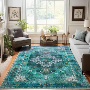 Boho Washable Rug Modern Vintage Print Area Rug for Living Room & Bedroom. Ultra Soft, Non-Slip & Elegant Home Decor Floor Mat Machine Washable