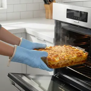 Dual-Layer Heat Resistant Kitchen Oven Gloves with 5 Fingers Waterproof Non-Slip Silicone Grilling Mitts for BBQ Cooking Baking Roasting High-Grip Pot Holder for Hot Pans Air Fryer Dutch Oven Microwave Smoker Outdoor Barbecue Use