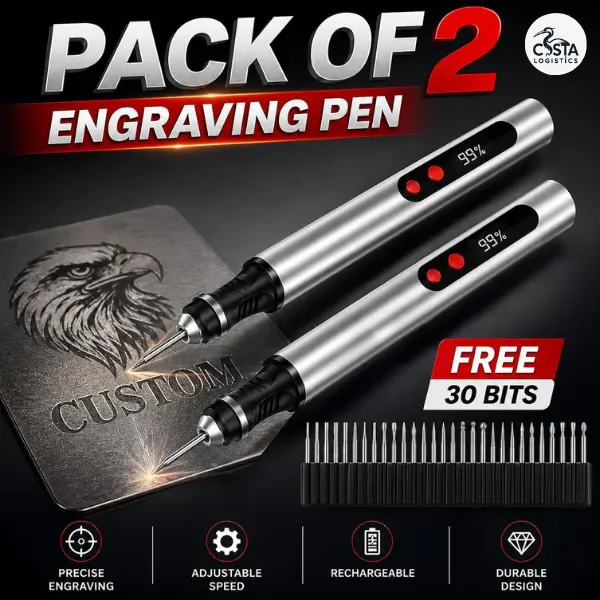 [Costa] Professional Engraving Pen (Pack of 2) with Rechargeable Batteries, USB-C Charge, 60 Bits Pack, 3 Speed Settings (8000-21000 RPM), Easy to Use for Personalized Gifts, Practice Canvases