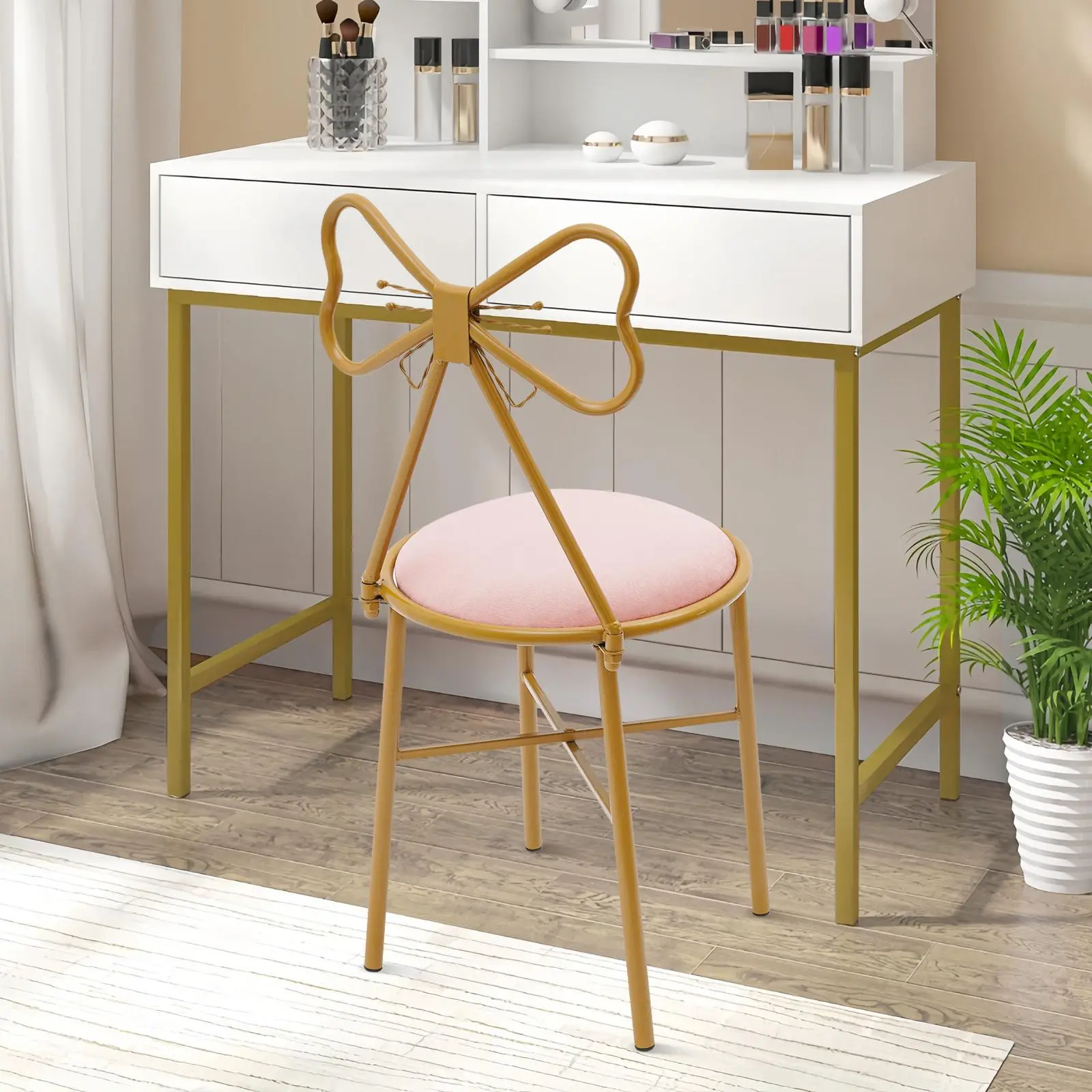 Modern Simple Chair.Butterfly Dressing Chair,Velvet Cushion Dressing Table,Fashion Makeup Chair with Stool Pink Vanity for Kitchen Bedroom Pub Breakfast Dining Coffee