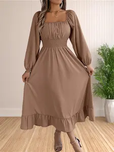 Women's Plain Ruched Ruffle Hem Shirred A Line Dress, Elegant Bishop Sleeve Square Neck Long Sleeve Dress for Party Holiday Wedding Guest, Ladies Fall & Winter Clothes