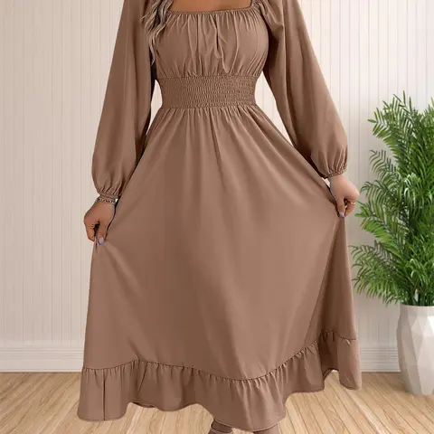 Women's Plain Ruched Ruffle Hem Shirred A-Line Woven Fabric Dress, Chic Elegant Bishop Sleeve Square Neck Dress for Party Holiday Wedding Guest, Ladies Fall & Winter Clothes