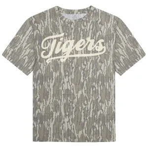 Tigers Camo T-Shirt for Men, Vintage Script Graphic Tee, Soft Outdoor Camouflage Shirt, Casual Game Day Short Sleeve Top