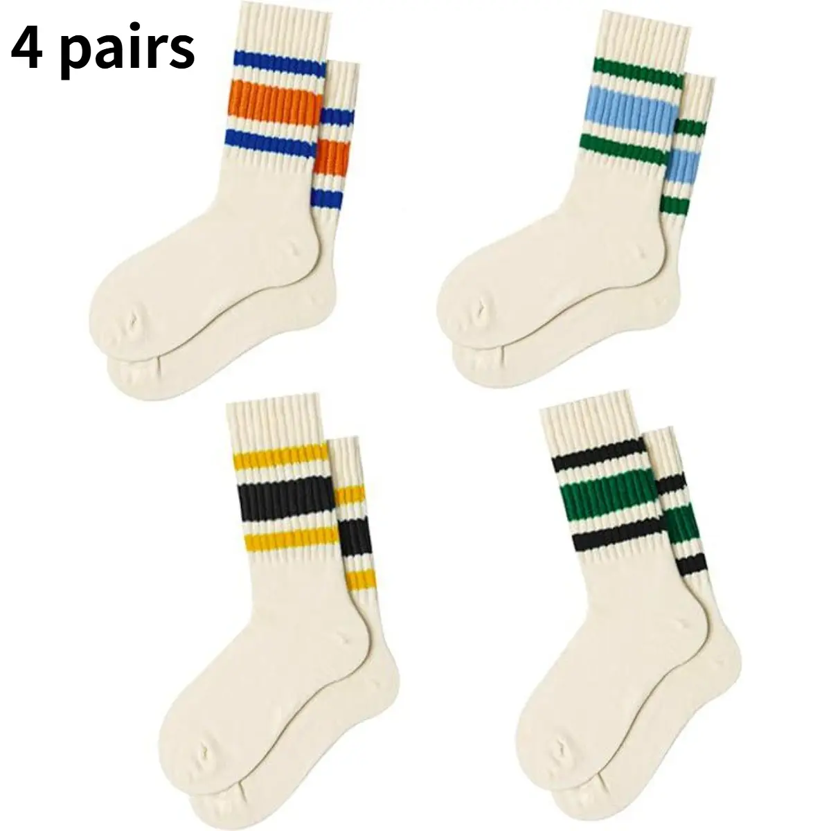 Women's Thin Knitted Retro Striped Cotton Socks - 3 Pairs/4 Pairs, Classic Ribbed Cuffs, Breathable Casual Tube Socks, Athletic Fit for Activewear, Outdoor Sports Clothes Comfort