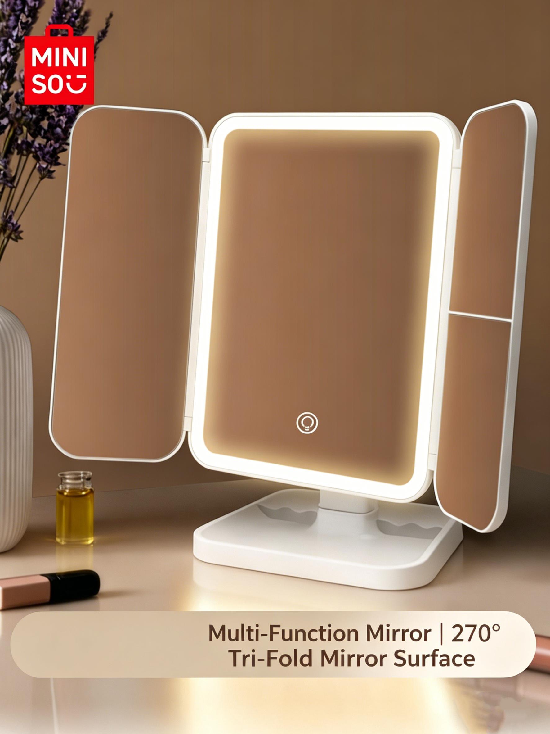 MINISO Tri-Fold LED Lighted Makeup Mirror, Foldable Desktop Vanity Mirror for Dorm Use, Daily Make-up ,For Students & Girls