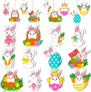 24 Pieces Easter Wooden Ornaments for Tree Happy Easter Egg Gnome Bunny Chick Cutouts Wood Hanging Ornament Spring Easter Wooden Slice Decorations for Party Home Classroom Decor, 12 Styles (Bunny)