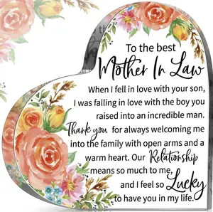 Mom Gift Dad Gift Mother in Law Gift Bonus Mom Gift Acrylic Heart Mothers Dads Plaque Gifts Grateful Birthday Gifts for Mom Dad Acrylic Best Mom Dad Sign Acrylic Heart Sign (Mom in Law Flower)