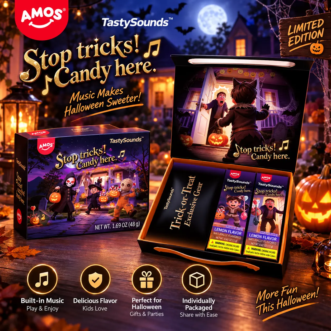 AMOS TastySounds Halloween Candy Gift Box, Lemon Flavor Musical Lollipops with Built-In Music, Trick or Treat Party Favors for Kids & Gifts