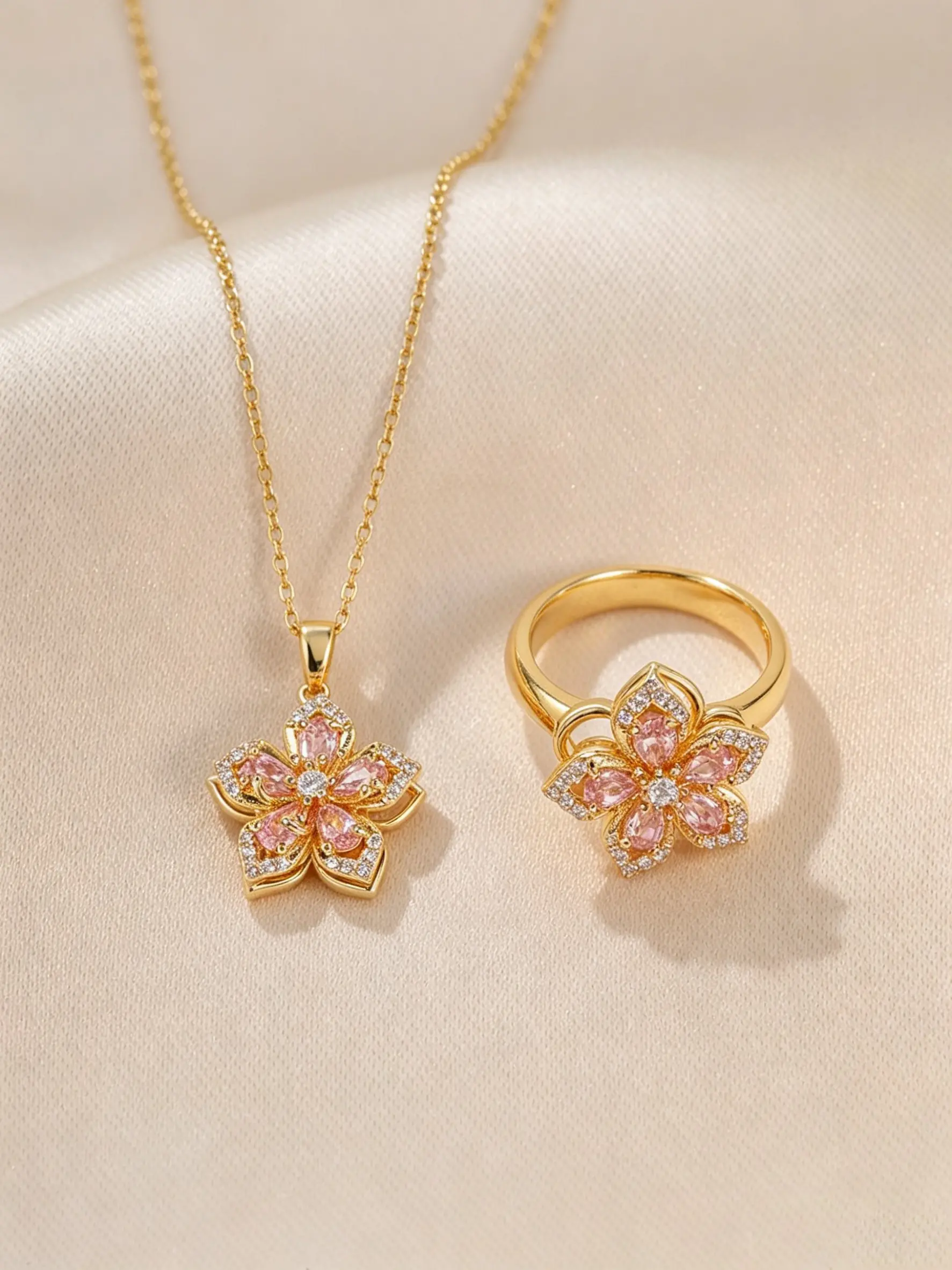 Two-piece adjustable rotating cherry blossom set, perfect as a gift for your girlfriend - transparent rotating flower jewelry, romantic wedding/Valentine's Day gift, everyday ring, cute women's accessory, Trendy Jewelry Set, Jewellery Gift Set