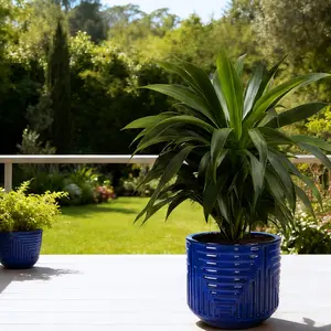 ARCH 16 Inch Ceramic Plant Pot for Indoor Plants, Large Outdoor Planter with Drainage Hole, Dark Blue Glazed Flower Pot for Patio Garden Home Decor, Breathable Clay Pot for Succulents Herbs Shrubs, Dark Blue Color Options, Ceramic Material