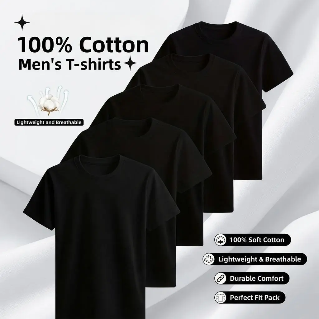 Men Solid Comfy Black T-Shirts Short Sleeve Breathable Casual T-shirts For Summer Daily Wear