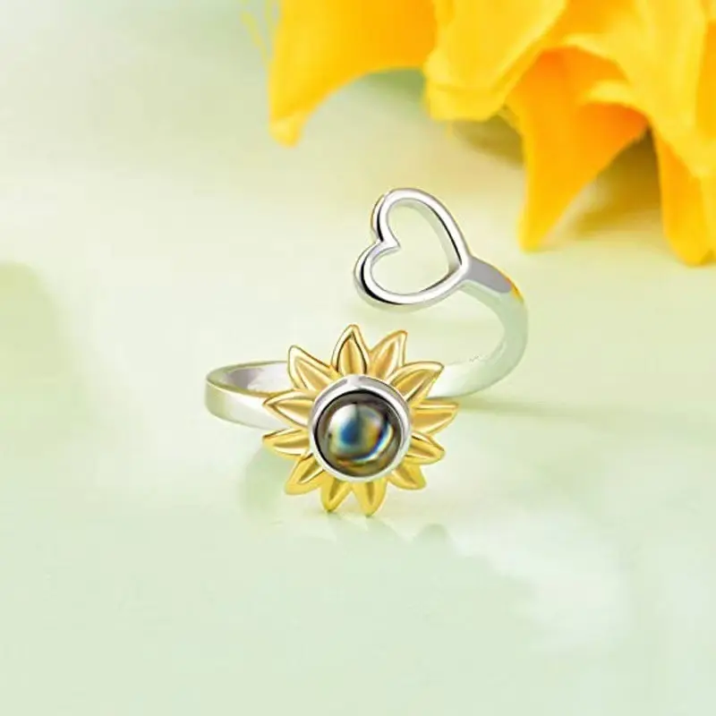 L&M Photo Customized Projection Ring Personalized Birthday Gift Adjustable Heart Shaped Sunflower Two Tone Design Gifts for Girlfriend Mom Custom Photo Projection Ring,custom gift mariah oval cut ring